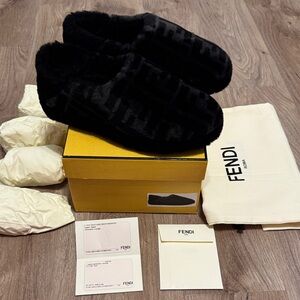 Fendi Black FF Logo Black Shearling Slip-On Mules Slippers with Hard Bottom